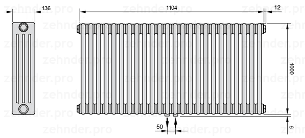 Схема (чертеж) Радиатор Zehnder Charleston 4100/24 №5410 Белый глянцевый RAL 9016